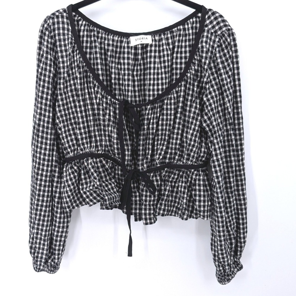Storia Gingham Tie Front Peplum Top Women Medium Black White Long Sleeve Crop